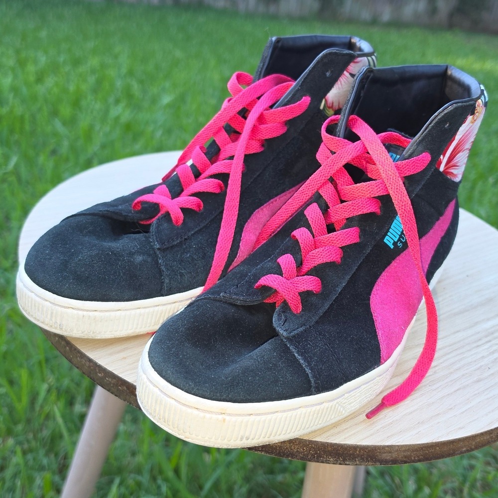Puma Suede Mid Tropical Hibiscus Floral Black Pink High Top Sneakers Womens